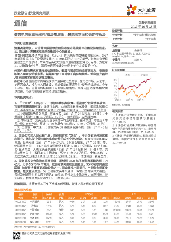 通信行业研究周报：数通电信驱动光器件/模块高增长，聚焦基本面和确定性板块