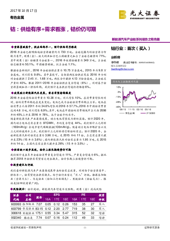 新能源汽车产业链系列报告之有色篇:钴:供给有序+需求看涨,钴价仍可期