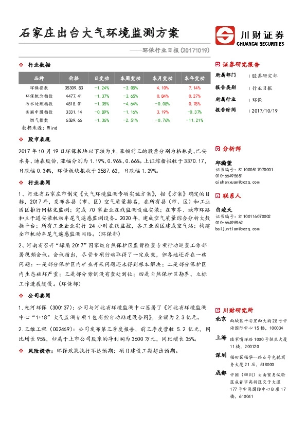 环保行业日报:石家庄出台大气环境监测方案