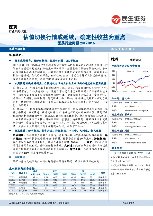 医药行业周报:估值切换行情或延续,确定性收益为重点