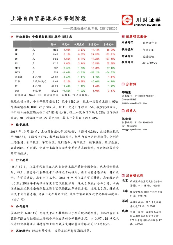 交通运输行业日报:上海自由贸易港正在筹划阶段