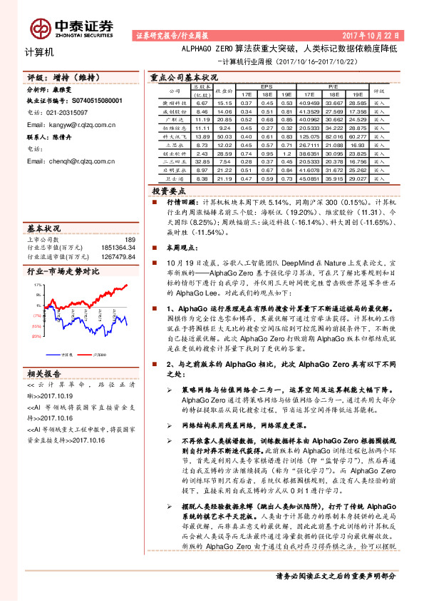 计算机行业周报：ALPHAGO ZERO算法获重大突破，人类标记数据依赖度降低