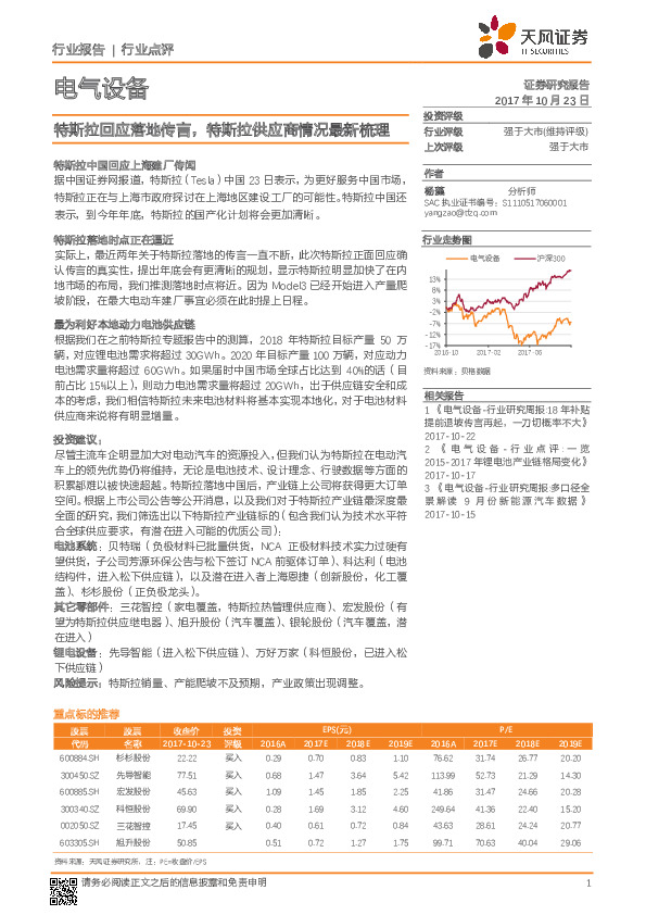电气设备行业点评：特斯拉回应落地传言，特斯拉供应商情况最新梳理