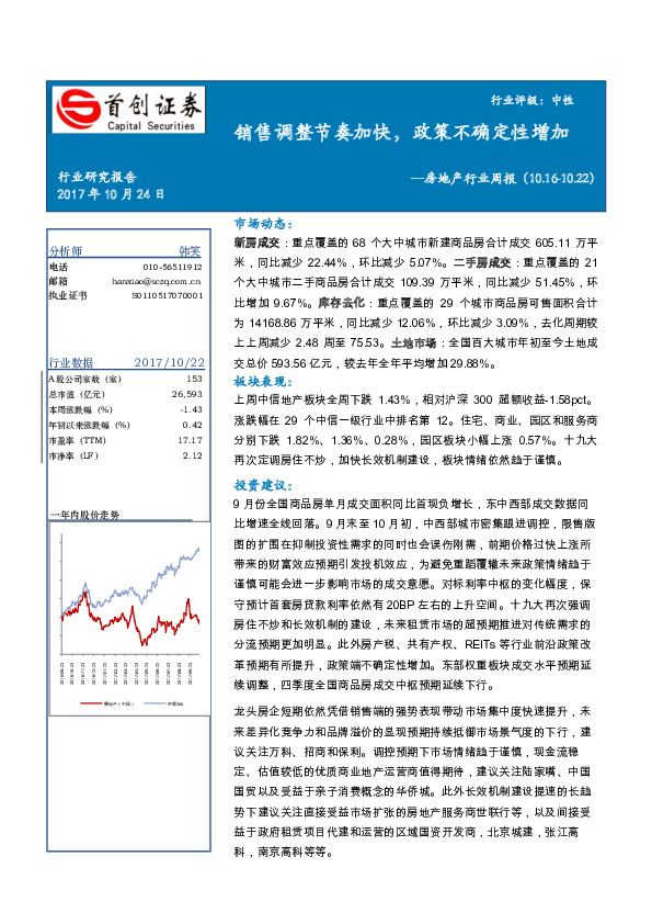房地产行业周报：销售调整节奏加快，政策不确定性增加