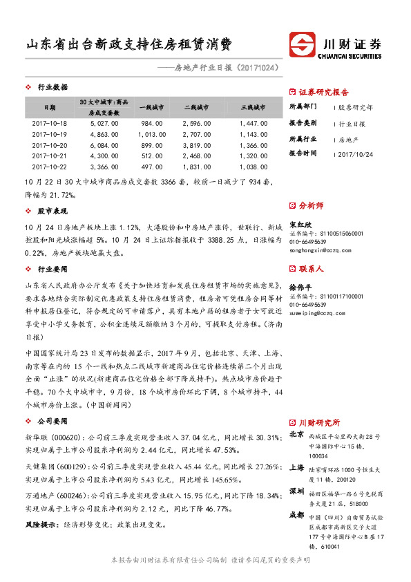 房地产行业日报：山东省出台新政支持住房租赁消费
