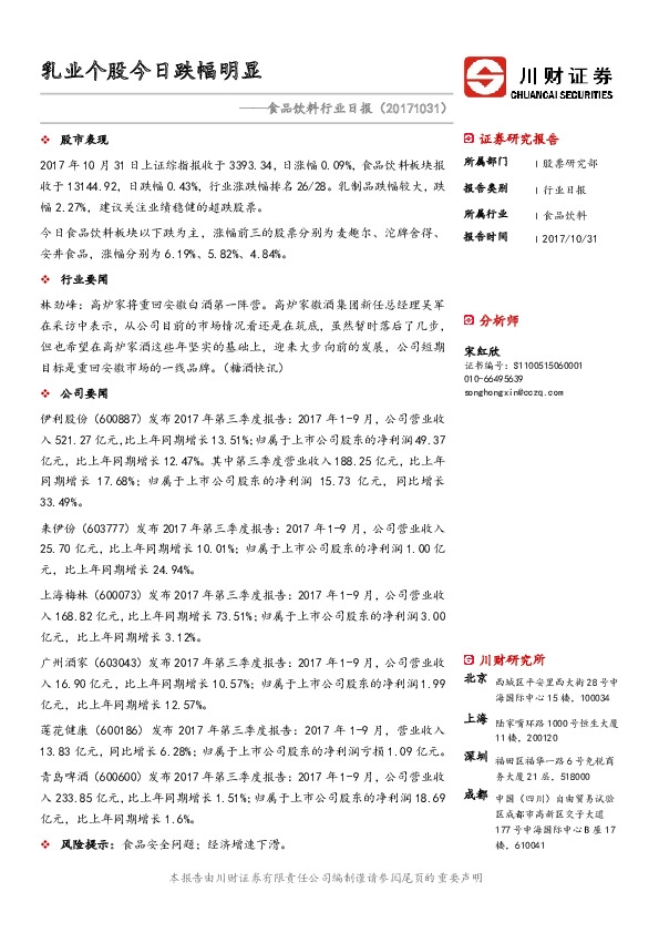 食品饮料行业日报：乳业个股今日跌幅明显
