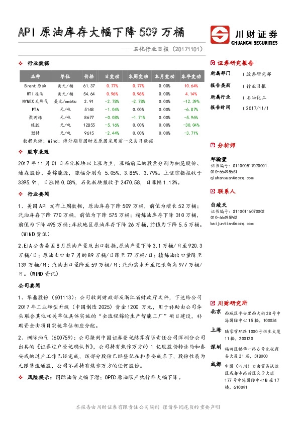 石化行业日报：API原油库存大幅下降509万桶