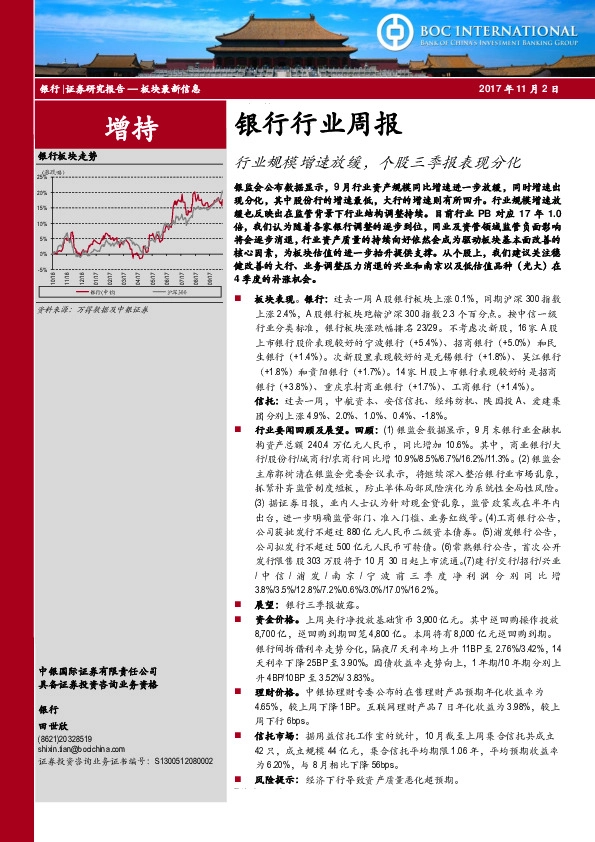 银行行业周报：行业规模增速放缓，个股三季报表现分化