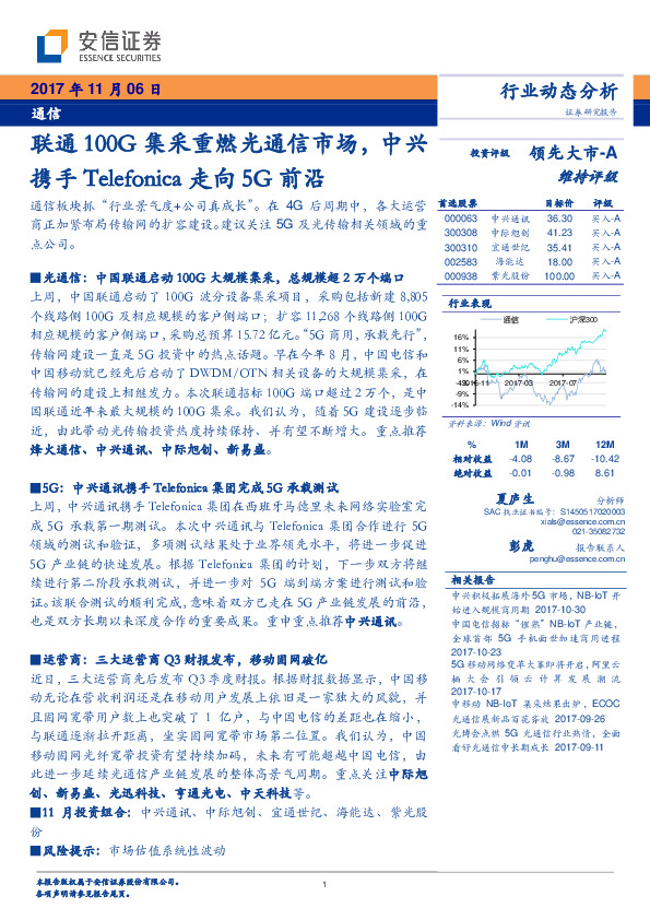 通信行业动态分析：联通100G集采重燃光通信市场，中兴携手Telefonica走向5G前沿