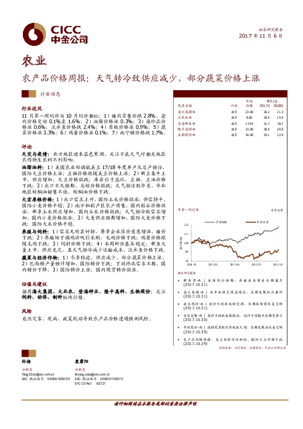 农业：农产品价格周报：天气转冷致供应减少，部分蔬菜价格上涨