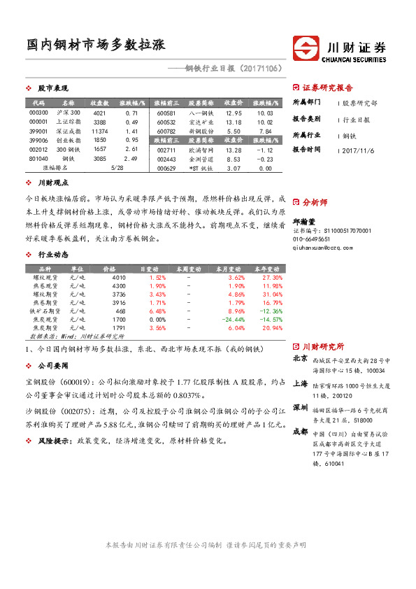 钢铁行业日报：国内钢材市场多数拉涨