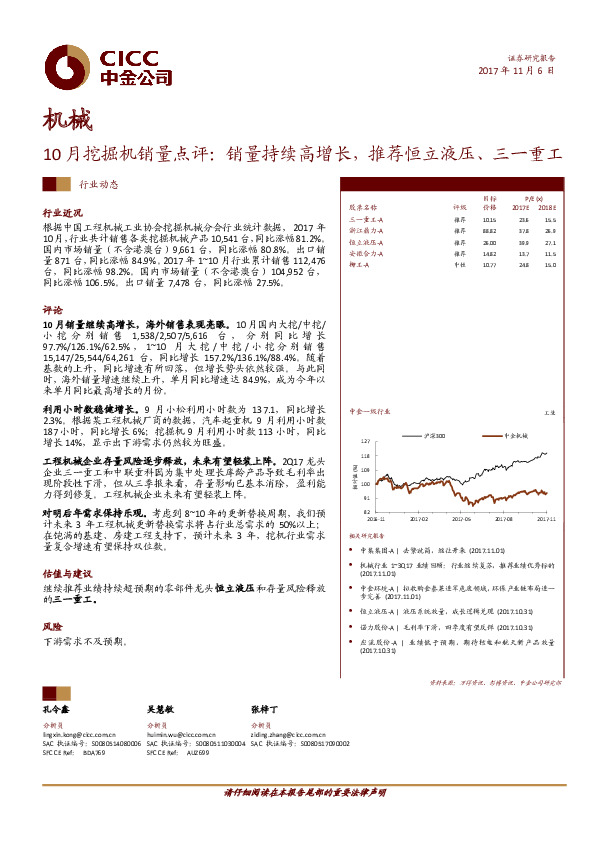 机械行业动态：10月挖掘机销量点评：销量持续高增长，推荐恒立液压、三一重工