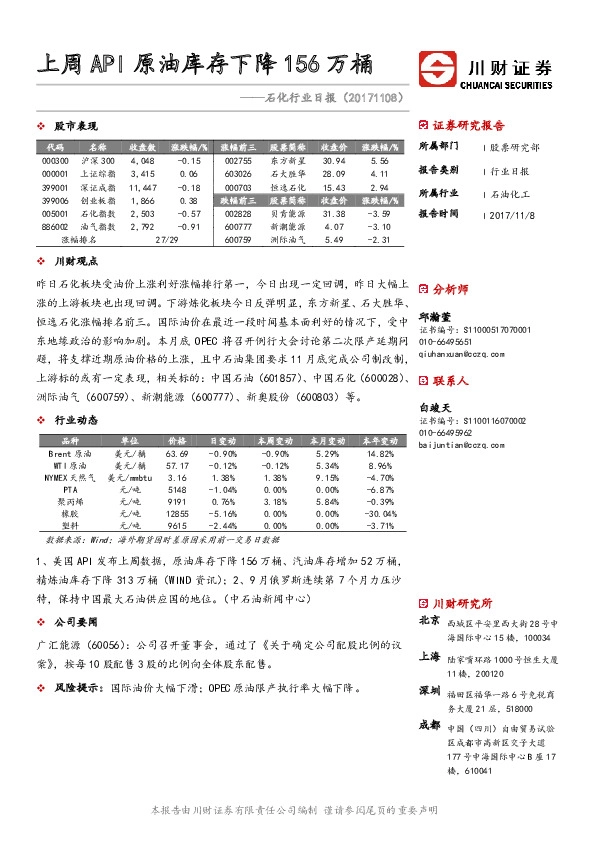 石化行业日报：上周API原油库存下降156万桶