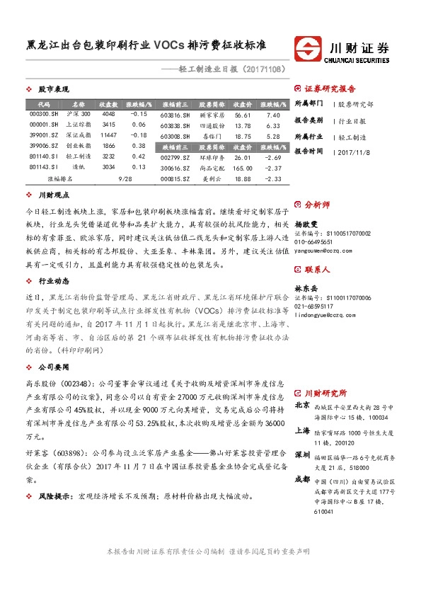 轻工制造业日报：黑龙江出台包装印刷行业VOCs排污费征收标准