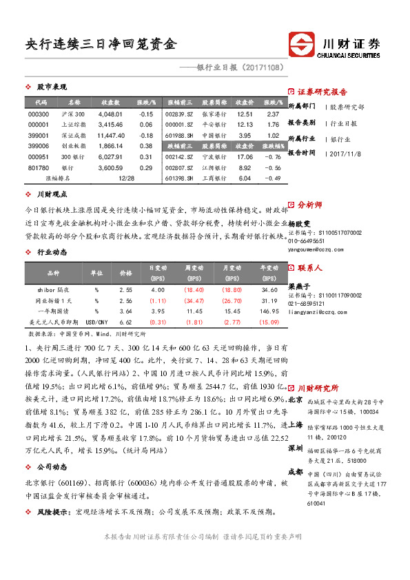 银行业日报：央行连续三日净回笼资金