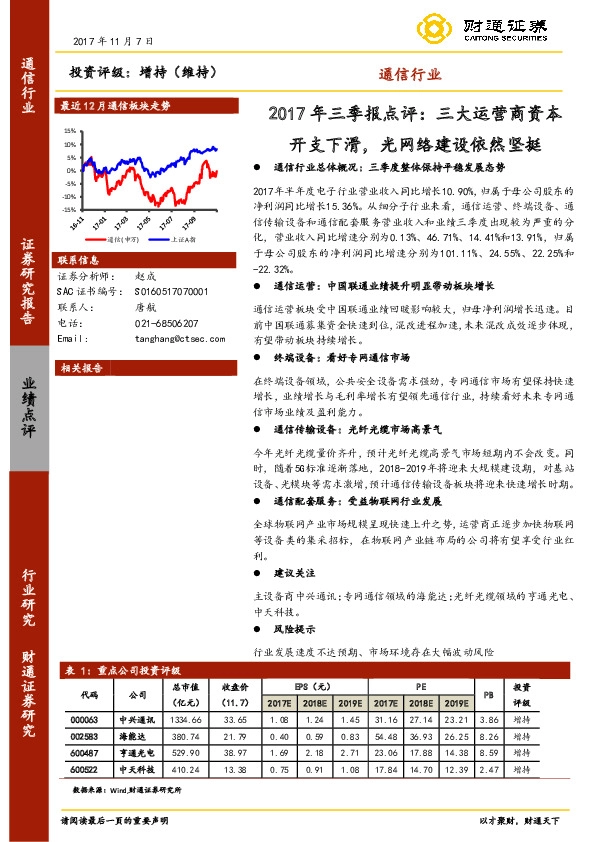 通信行业2017年三季报点评：三大运营商资本开支下滑，光网络建设依然坚挺