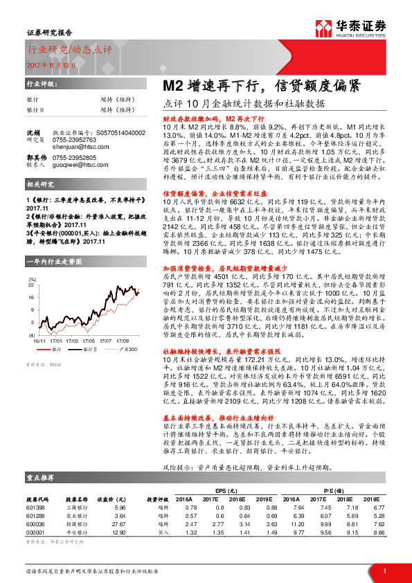 银行：点评10月金融统计数据和社融数据：M2增速再下行，信贷额度偏紧