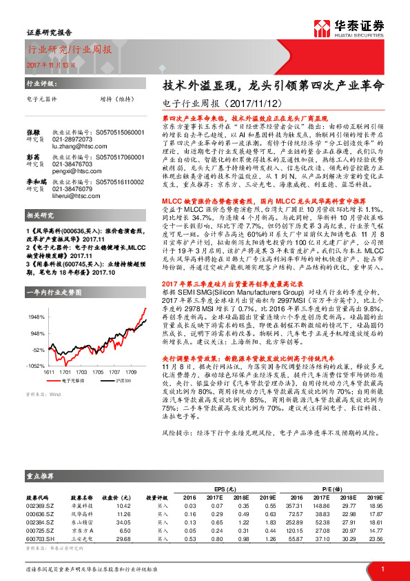 电子行业周报：技术外溢显现，龙头引领第四次产业革命