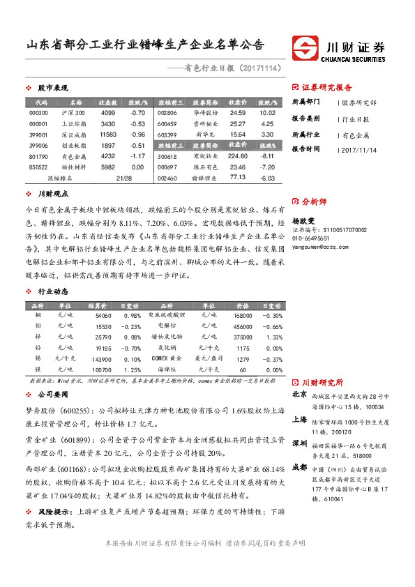 有色行业日报：山东省部分工业行业错峰生产企业名单公告