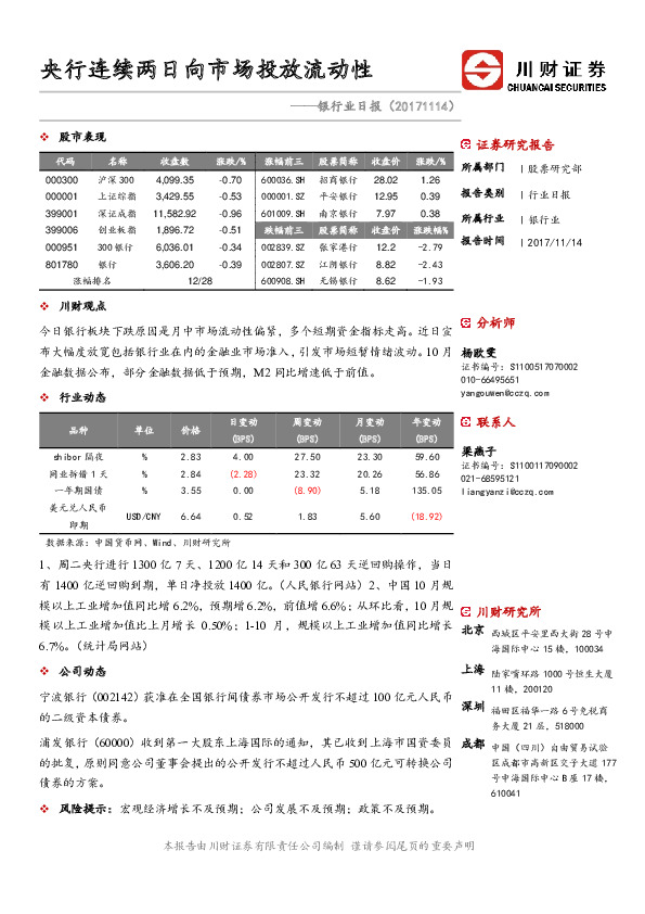 银行业日报：央行连续两日向市场投放流动性