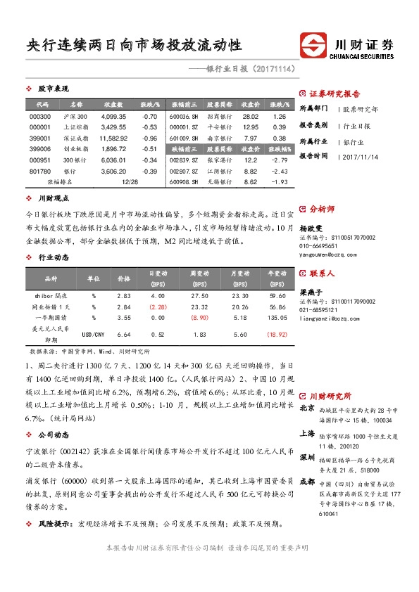 银行业日报：央行连续两日向市场投放流动性
