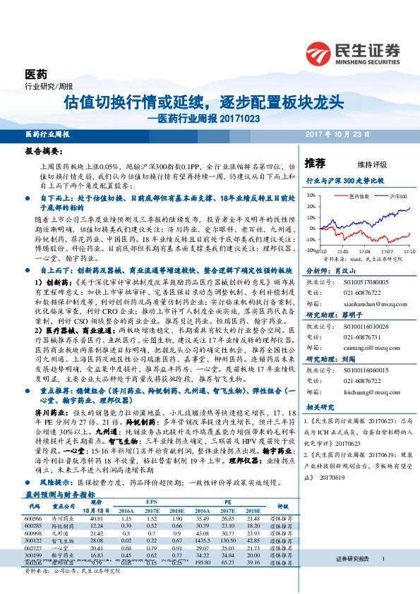 医药行业周报：估值切换行情或延续，逐步配置板块龙头