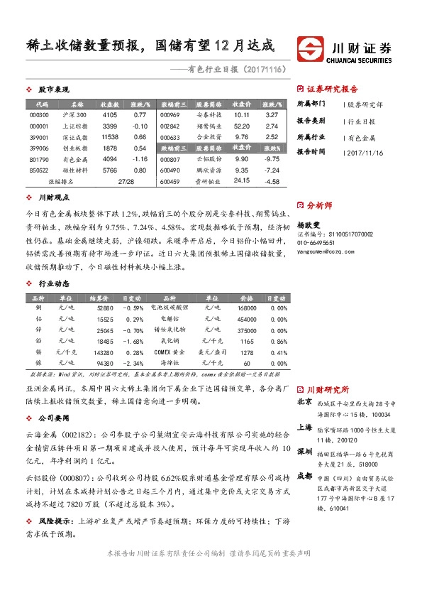 有色金属行业日报：稀土收储数量预报，国储有望12月达成