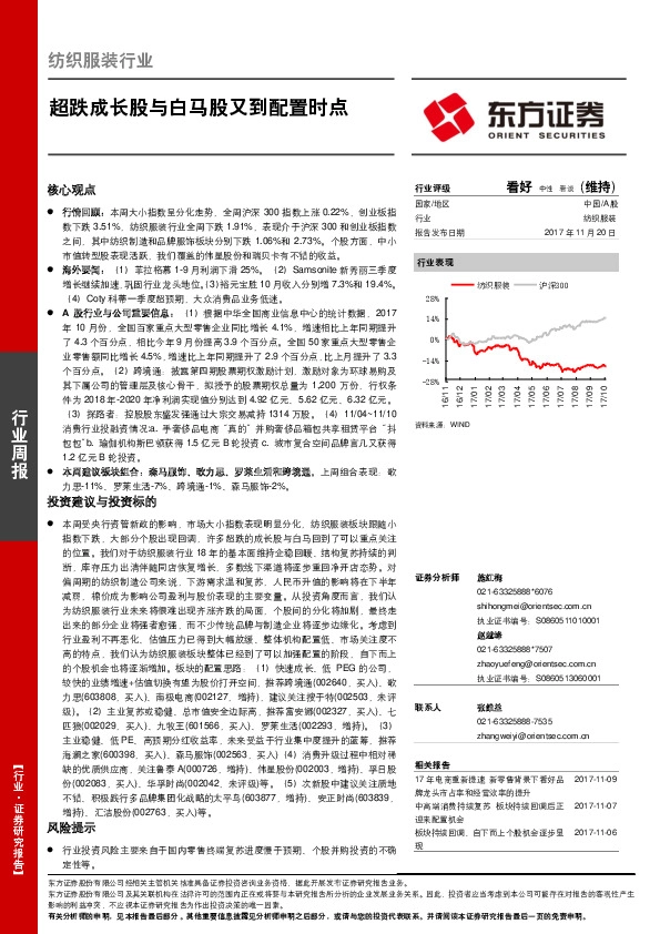 纺织服装行业周报：超跌成长股与白马股又到配置时点