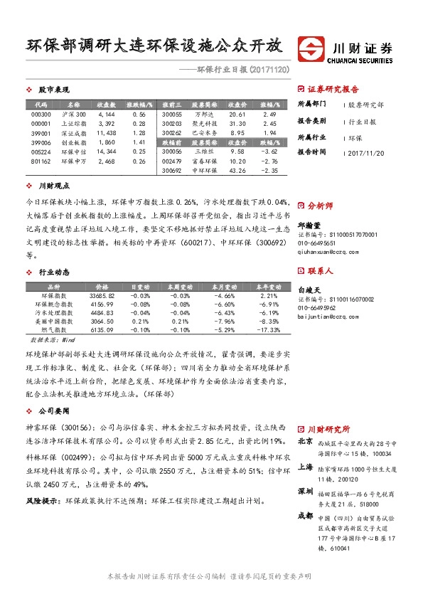 环保行业日报：环保部调研大连环保设施公众开放