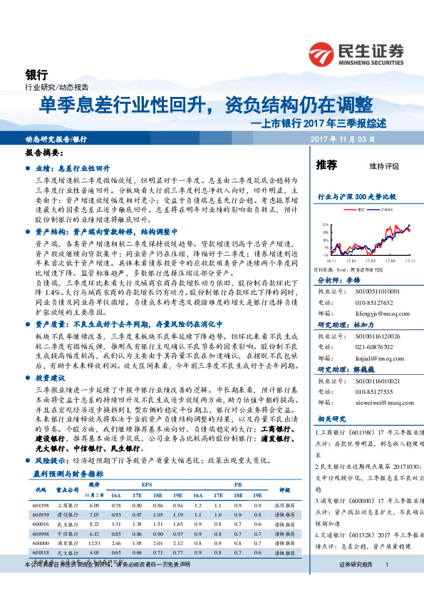 上市银行2017年三季报综述：单季息差行业性回升，资负结构仍在调整