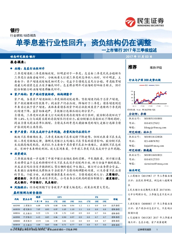 上市银行2017年三季报综述：单季息差行业性回升，资负结构仍在调整