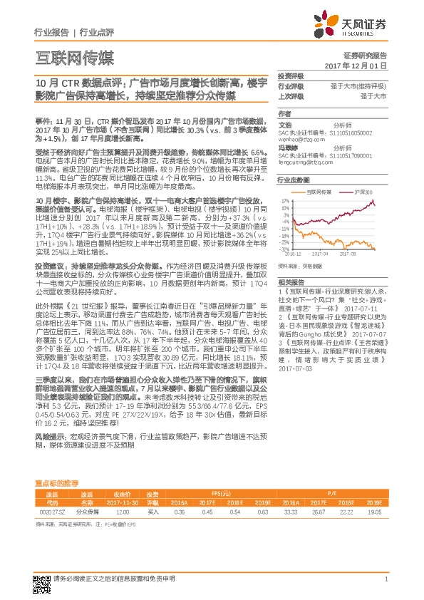 互联网传媒行业：10月CTR数据点评：广告市场月度增长创新高，楼宇影院广告保持高增长，持续坚定推荐分众传媒