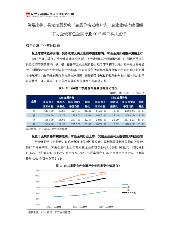 有色金属行业2017年三季度点评：供需改善、美元走弱影响下金属价格延续升势，企业业绩持续回暖