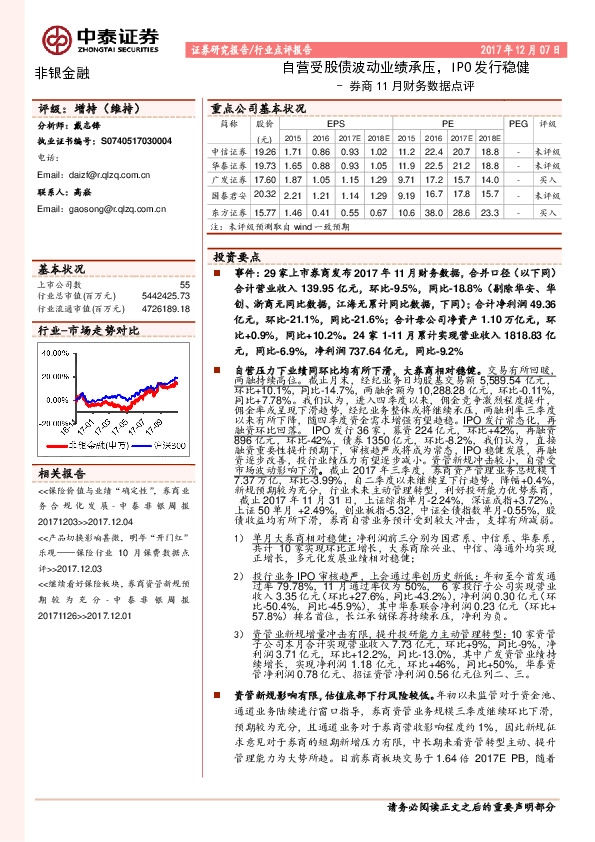 券商11月财务数据点评：自营受股债波动业绩承压，IPO发行稳健