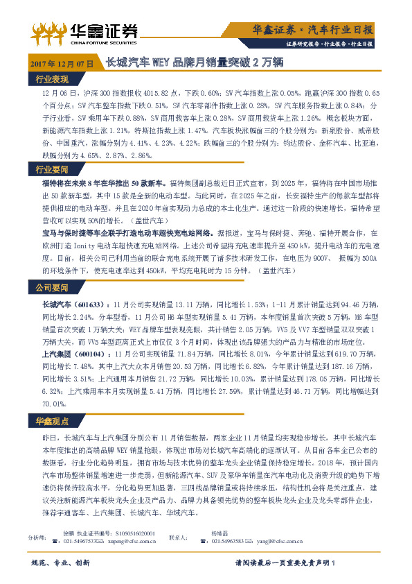 汽车行业日报：长城汽车WEY品牌月销量突破2万辆