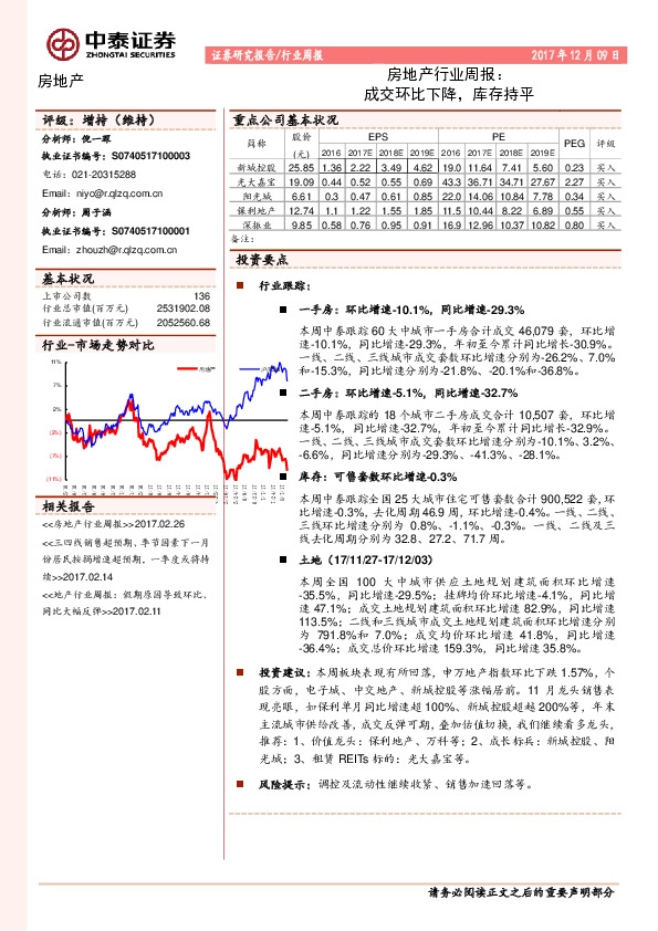 房地产行业周报：成交环比下降，库存持平