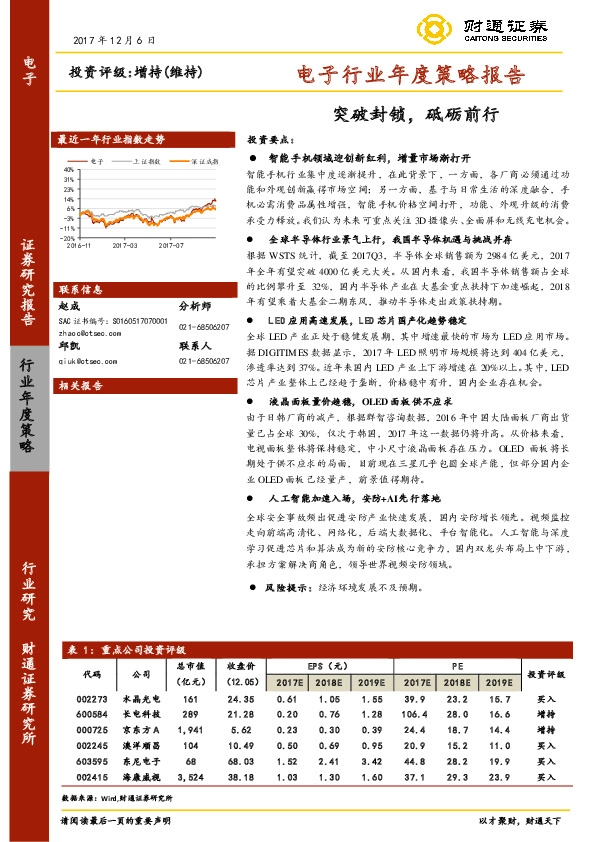 电子行业年度策略报告：突破封锁， 砥砺前行