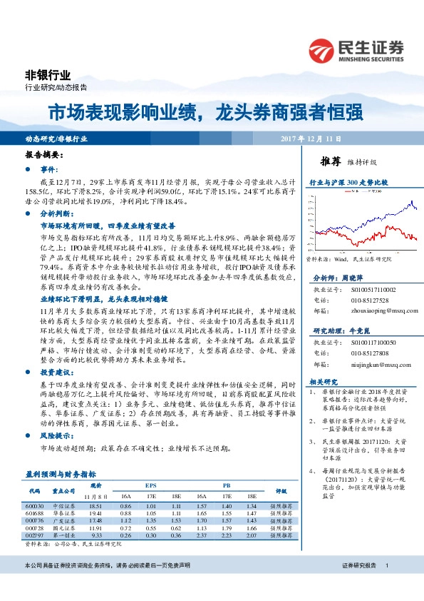 非银行业：市场表现影响业绩，龙头券商强者恒强