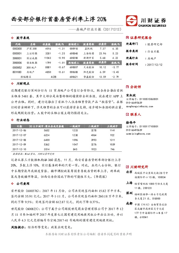房地产行业日报：西安部分银行首套房贷利率上浮20%