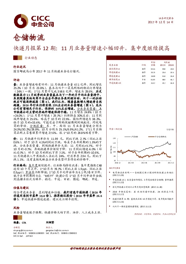 仓储物流：快递月报第12期：11月业务量增速小幅回升，集中度继续提高
