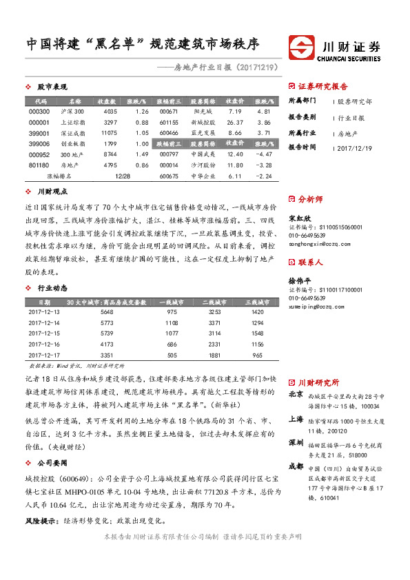 房地产行业日报：中国将建“黑名单”规范建筑市场秩序