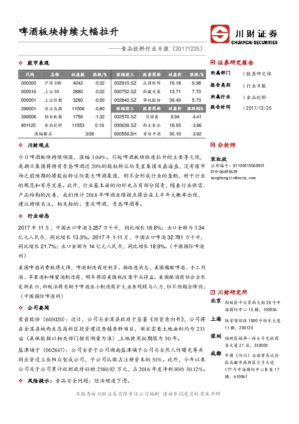 食品饮料行业日报：啤酒板块持续大幅拉升