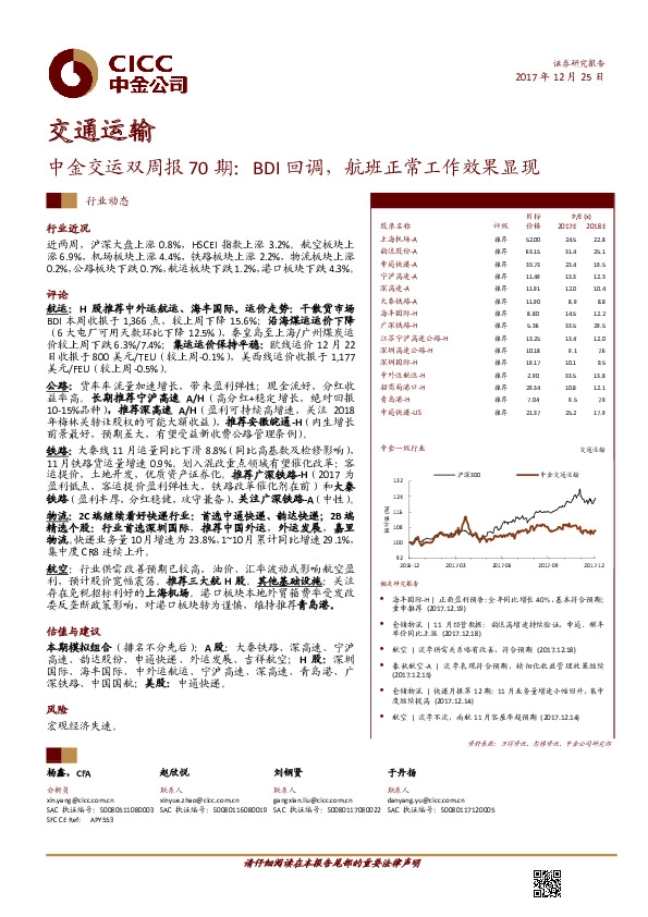 中金交运双周报70期：BDI回调，航班正常工作效果显现