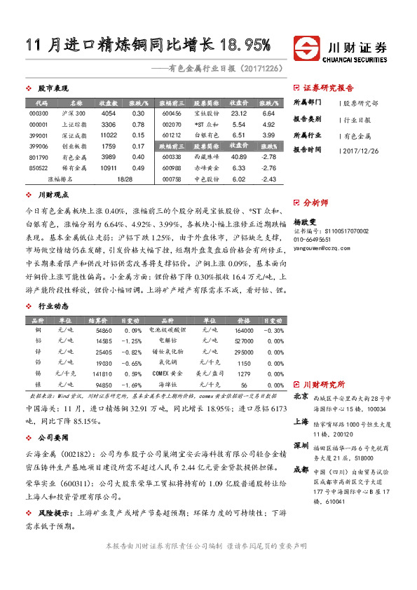 有色金属行业日报：11月进口精炼铜同比增长18.95%