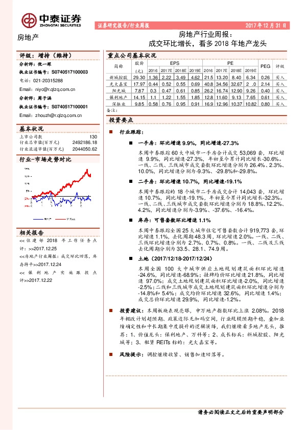 房地产行业周报：成交环比增长，看多2018年地产龙头