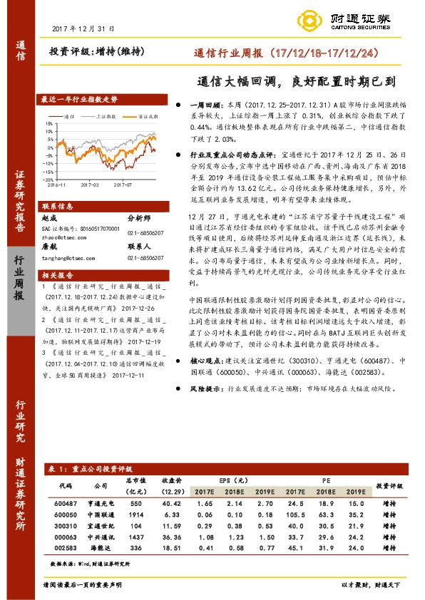 通信行业周报：通信大幅回调，良好配置时期已到