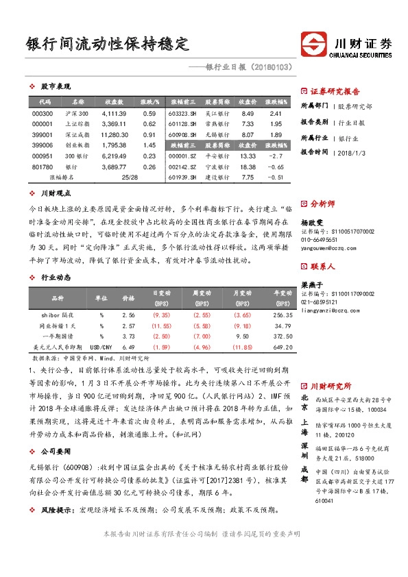 银行业日报：银行间流动性保持稳定