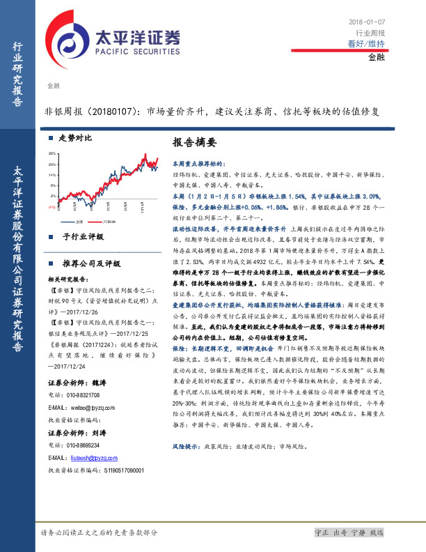 非银周报：市场量价齐升，建议关注券商、信托等板块的估值修复