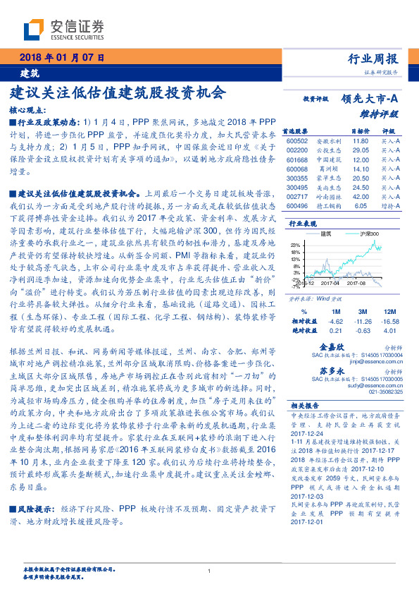 建筑行业周报：建议关注低估值建筑股投资机会