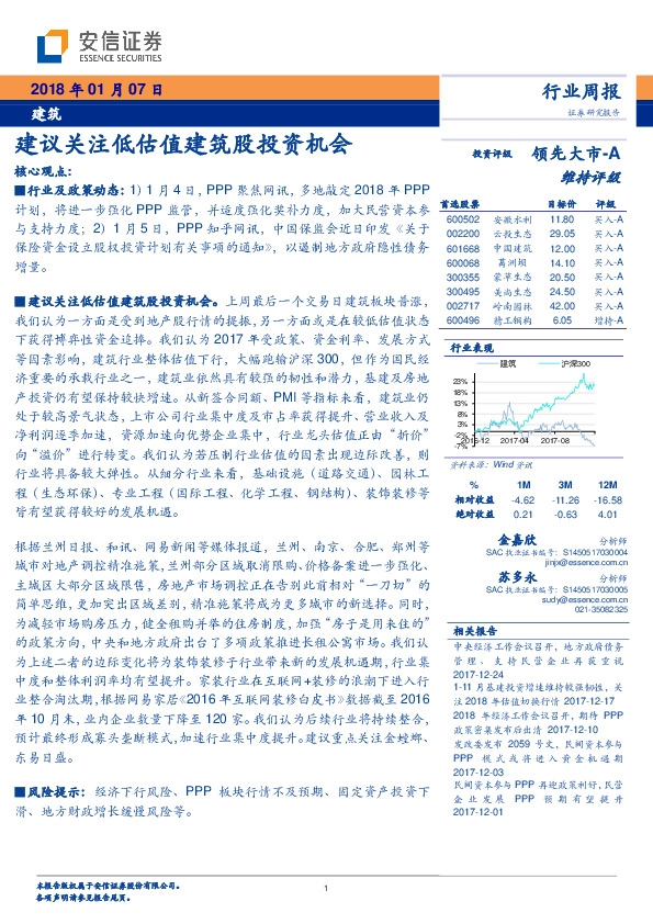 建筑行业周报：建议关注低估值建筑股投资机会